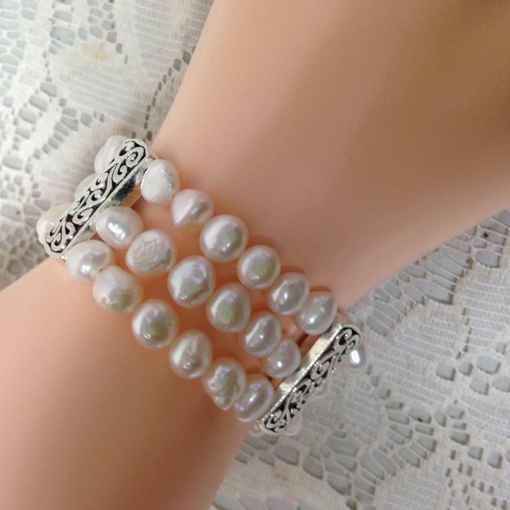 Elegant 3 Strands of Real Iridescent White Pearls 7in Stretchable Bracelet