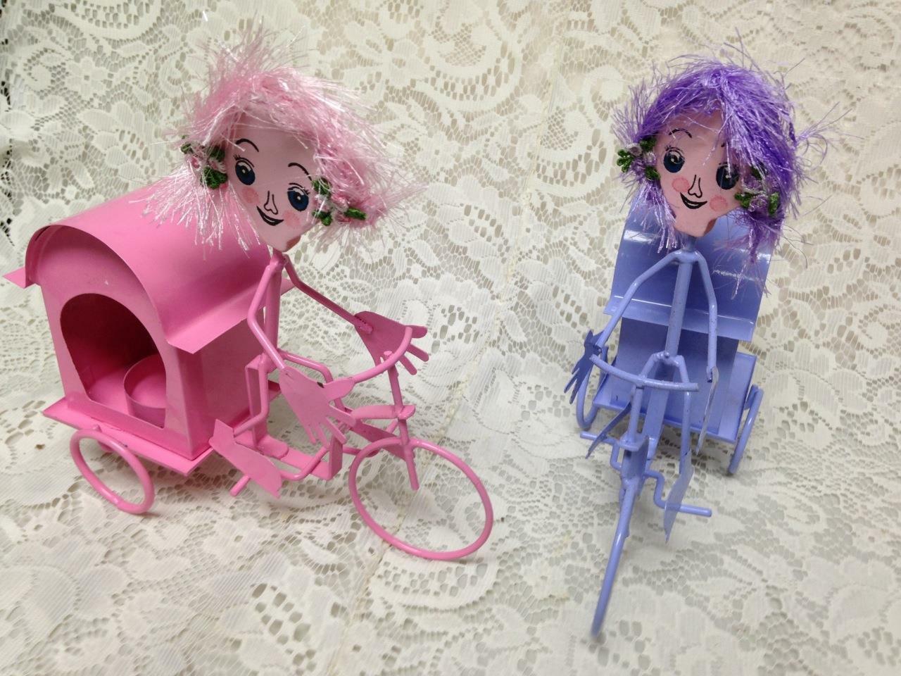 Figural Pair, Metal Blue and Pink Bike-Rickshaw Candle Holder 8inLx8inHx4H