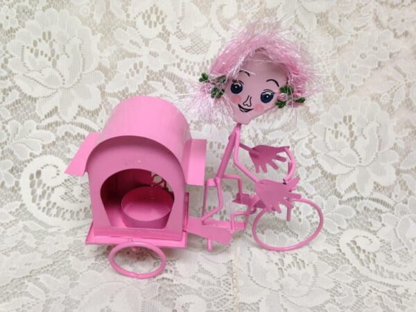 Figural Pair, Metal Blue and Pink Bike-Rickshaw Candle Holder 8inLx8inHx4H