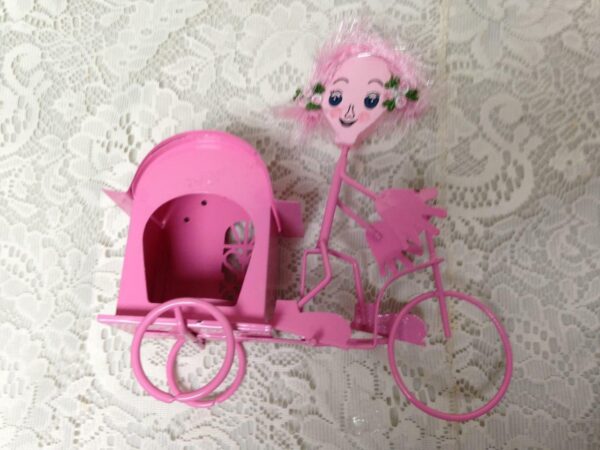 Figural Pair, Metal Blue and Pink Bike-Rickshaw Candle Holder 8inLx8inHx4H