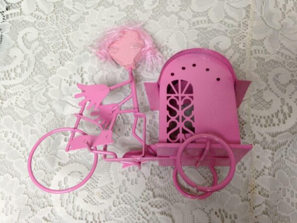 Figural Pair, Metal Blue and Pink Bike-Rickshaw Candle Holder 8inLx8inHx4H