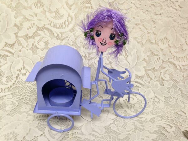 Figural Pair, Metal Blue and Pink Bike-Rickshaw Candle Holder 8inLx8inHx4H