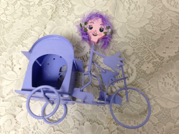 Figural Pair, Metal Blue and Pink Bike-Rickshaw Candle Holder 8inLx8inHx4H