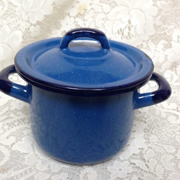 Vintage, German 2pc Child's Cobalt Blue Enamelware Cookware 7.5inWx5.5inx5.5inH