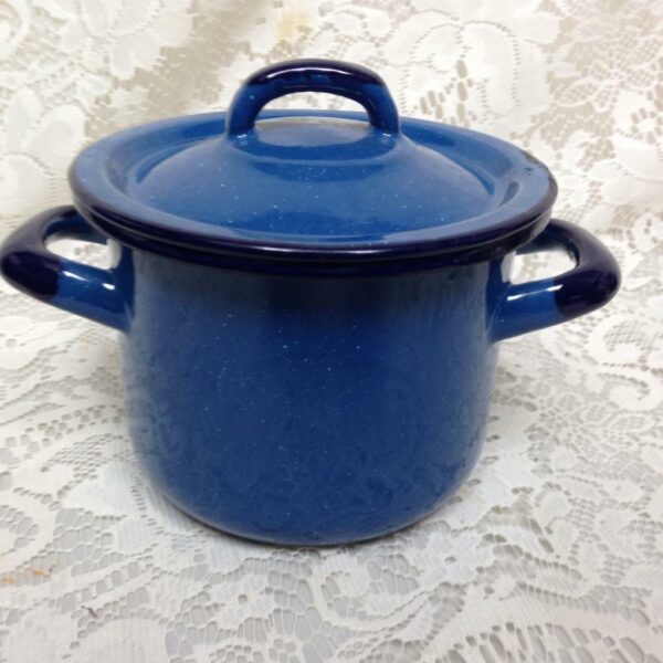 Vintage, German 2pc Child's Cobalt Blue Enamelware Cookware 7.5inWx5.5inx5.5inH