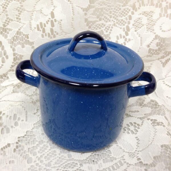 Vintage, German 2pc Child's Cobalt Blue Enamelware Cookware 7.5inWx5.5inx5.5inH