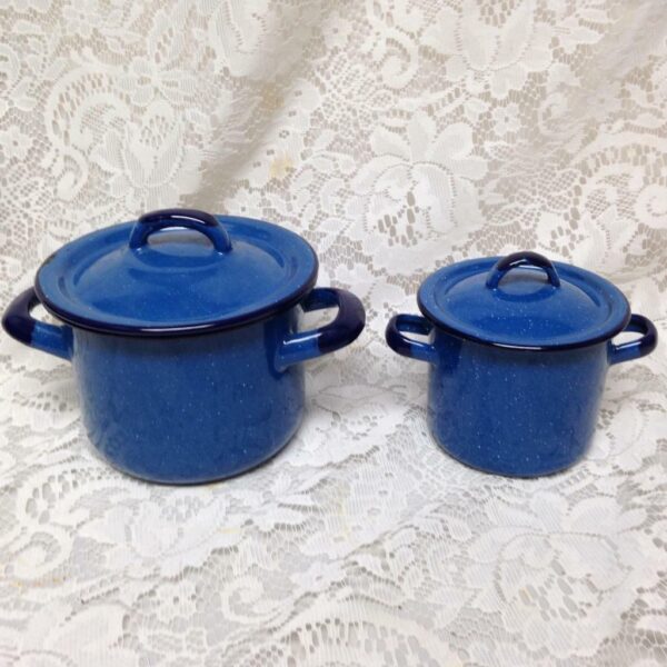 Vintage, German 2pc Child's Cobalt Blue Enamelware Cookware 7.5inWx5.5inx5.5inH