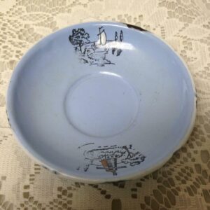 Antique, Rare, Germany Blue Enamelware, 4in Saucer with Windmill-Sailboat