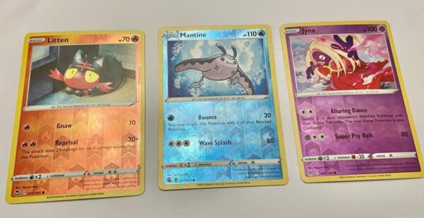 Lot (D) 3 Pokemon Reverse Holo Cards and 5 Pokemon Figures