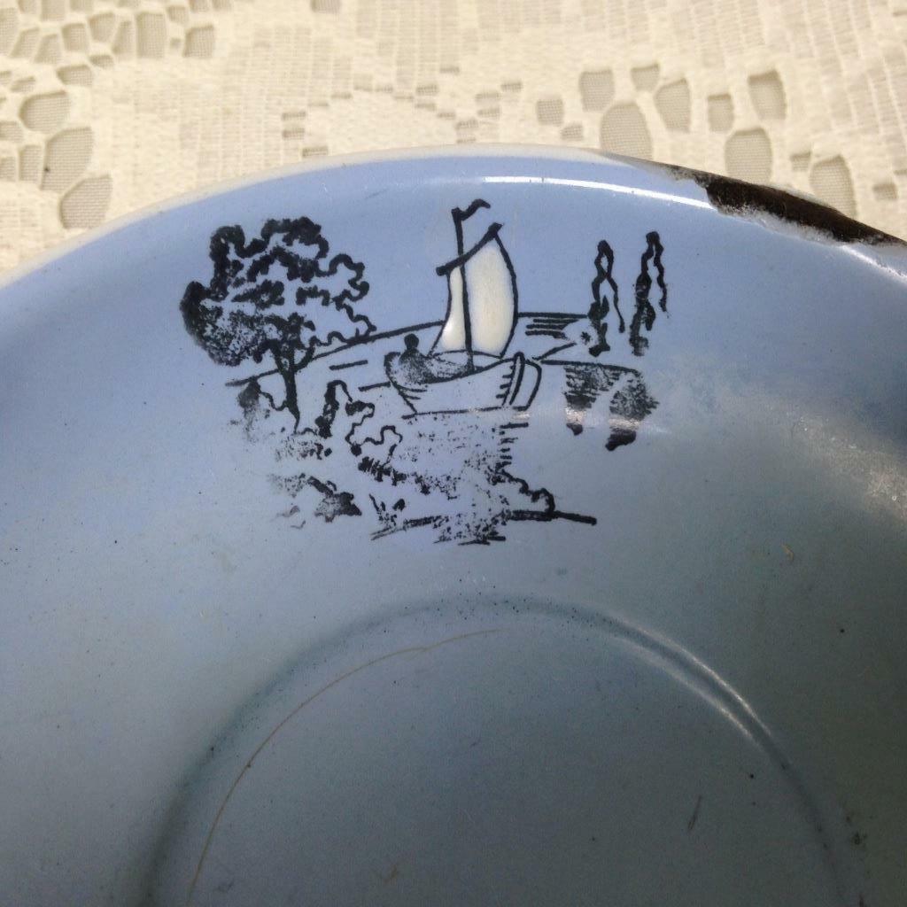 Antique, Rare, Germany Blue Enamelware, 4in Saucer with Windmill-Sailboat