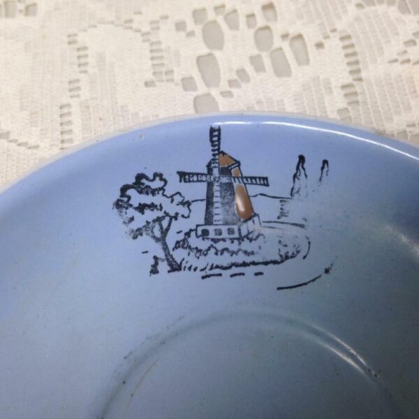 Antique, Rare, Germany Blue Enamelware, 4in Saucer with Windmill-Sailboat