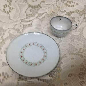 Antique, European Red-Green Trim White Enamelware, 2pc Childs Cup and Plate