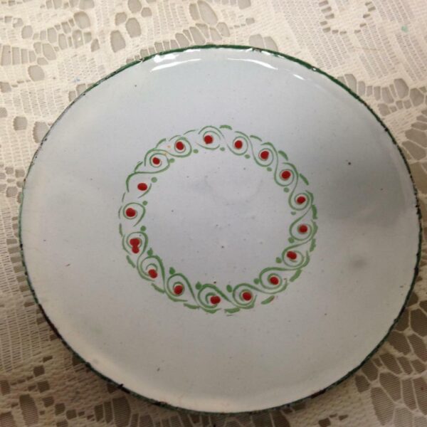 Antique, European Red-Green Trim White Enamelware, 2pc Childs Cup and Plate