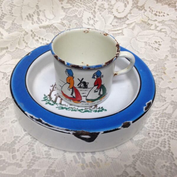 Antique, Germany Childs2-pc Enamelware Dutch Cup and Deep Dish-Plate Set