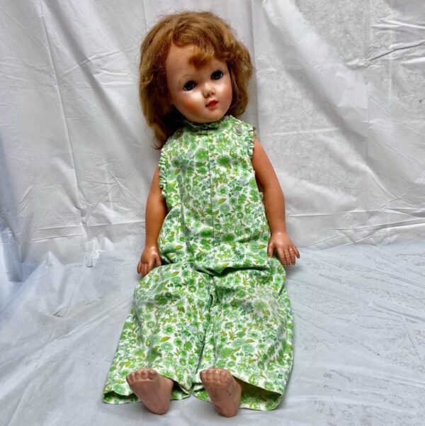 Vintage, Horsman, Large 34in Rubber Doll in Green Floral Jumper