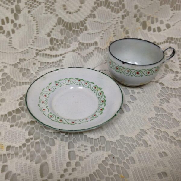 Antique, European Red-Green Trim White Enamelware, 2pc Childs Cup and Saucer