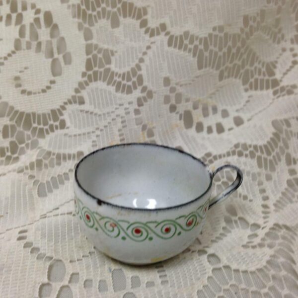 Antique, European Red-Green Trim White Enamelware, 2pc Childs Cup and Saucer