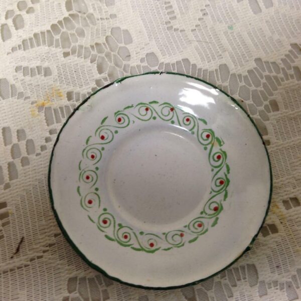 Antique, European Red-Green Trim White Enamelware, 2pc Childs Cup and Saucer