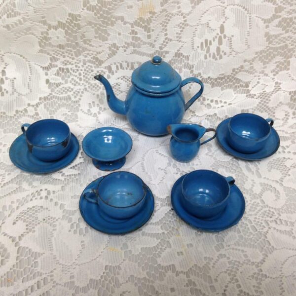 Antique, 12-pc French Blue Enamelware Child's Tea Set