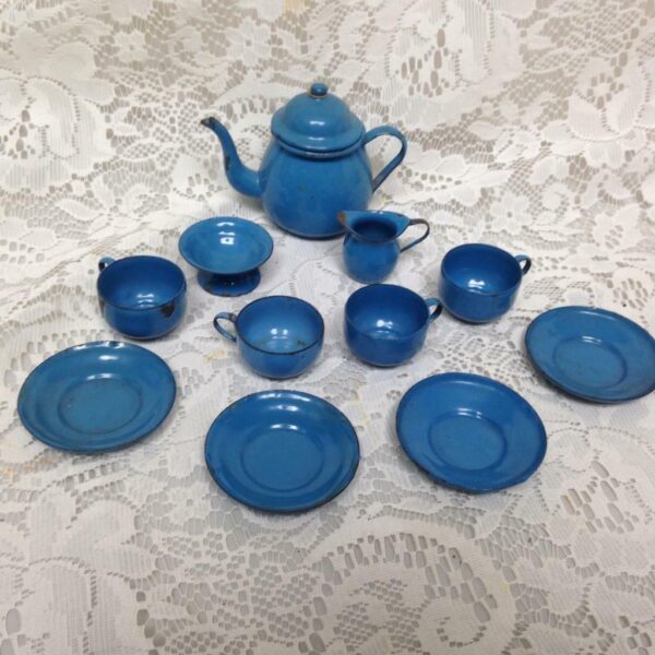 Antique, 12-pc French Blue Enamelware Child's Tea Set