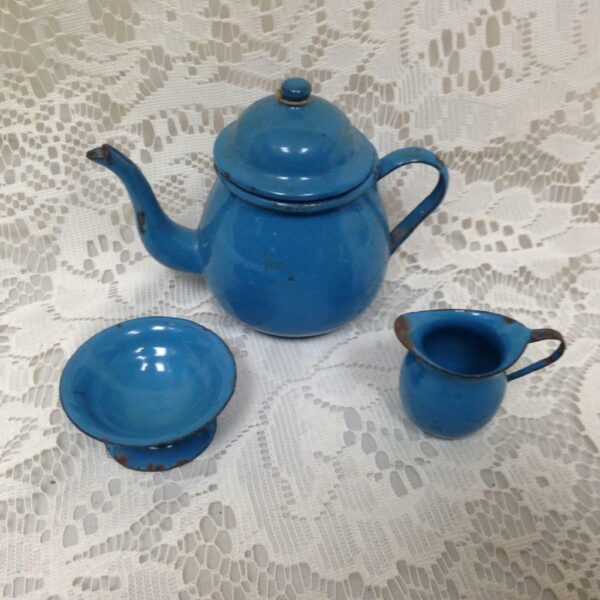 Antique, 12-pc French Blue Enamelware Child's Tea Set