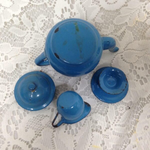 Antique, 12-pc French Blue Enamelware Child's Tea Set