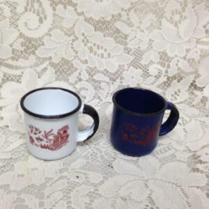 Red- Blue Willow Enamelware 2pc Childs Cups and Saucers