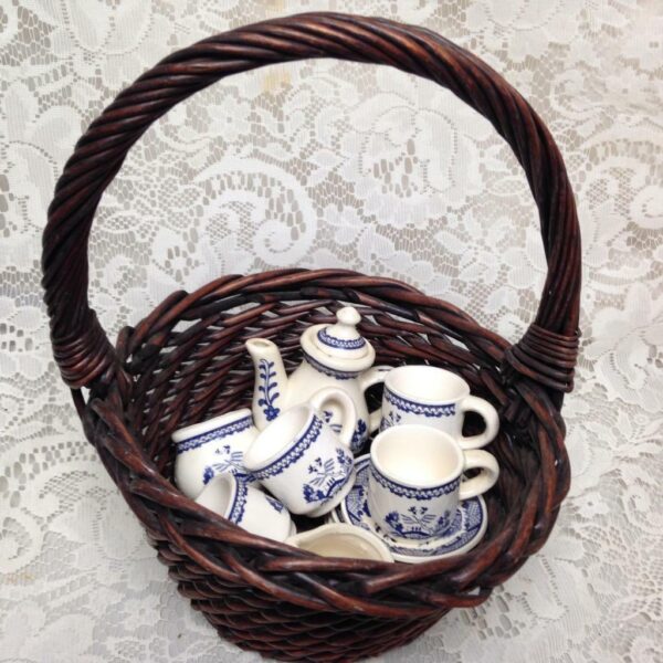 Vintage, Blue Willow, 13pc Child’s Tea Set - Brown Wicker Basket