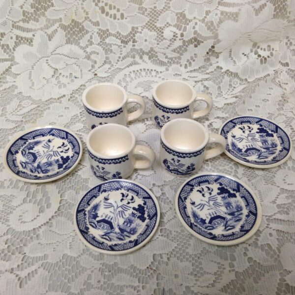 Vintage, Blue Willow, 13pc Child’s Tea Set - Brown Wicker Basket