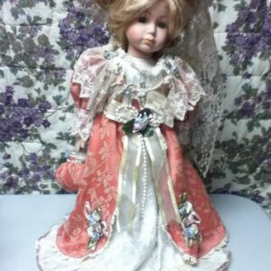 Vintage, 15-in, Porcelain Blond Doll With Elegant Gown, Hat & Purse