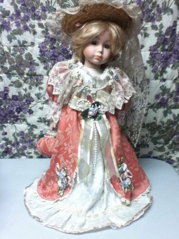 Vintage, 15-in, Porcelain Blond Doll With Elegant Gown, Hat & Purse