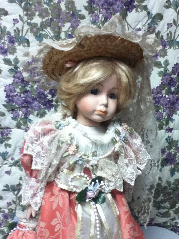 Vintage, 15-in, Porcelain Blond Doll With Elegant Gown, Hat & Purse