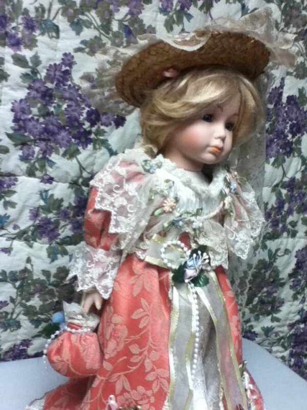 Vintage, 15-in, Porcelain Blond Doll With Elegant Gown, Hat & Purse