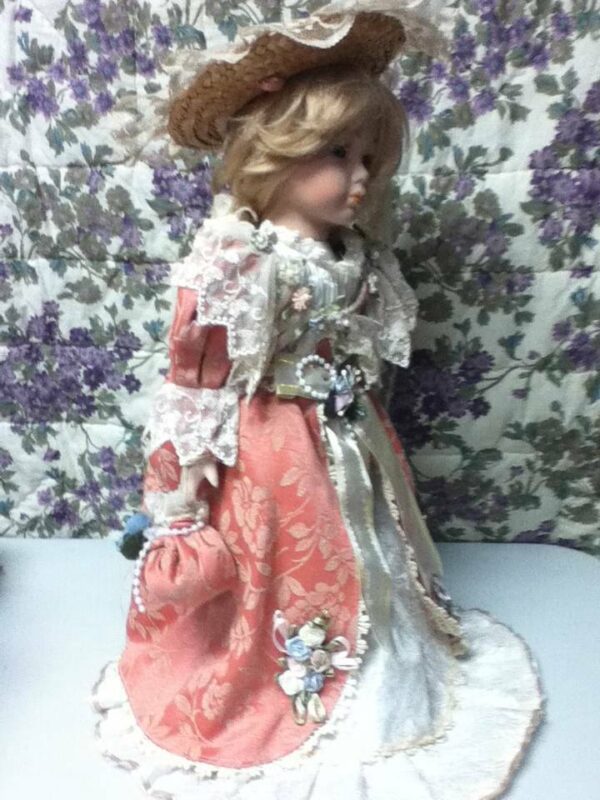 Vintage, 15-in, Porcelain Blond Doll With Elegant Gown, Hat & Purse