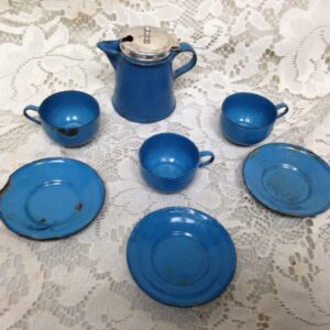 Antique, 8-pc, Good Quality Blue Enamelware Child's Tea Set with Silver Lid