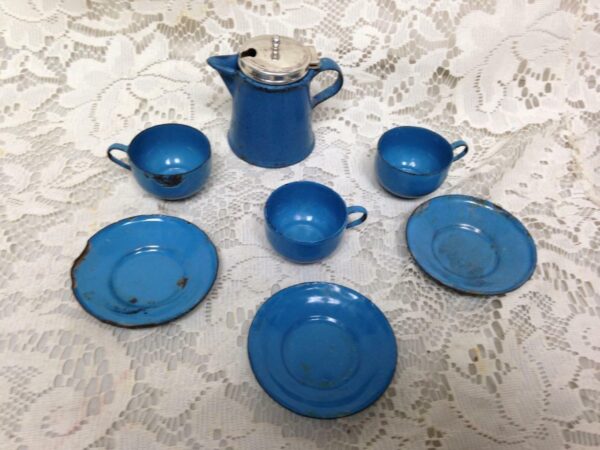 Antique, 8-pc, Good Quality Blue Enamelware Child's Tea Set with Silver Lid
