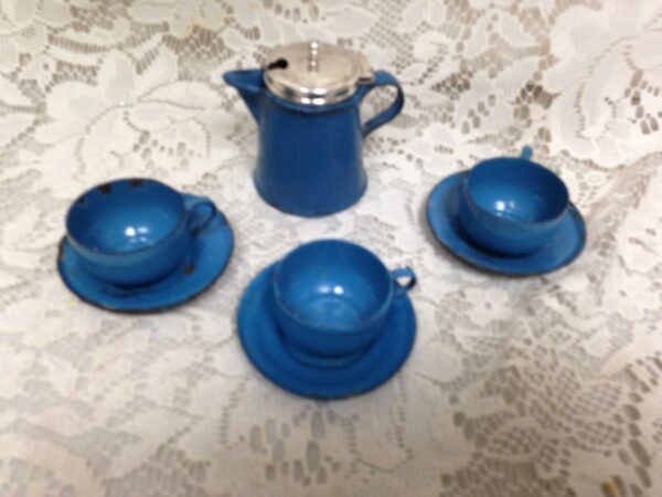 Antique, 8-pc, Good Quality Blue Enamelware Child's Tea Set with Silver Lid