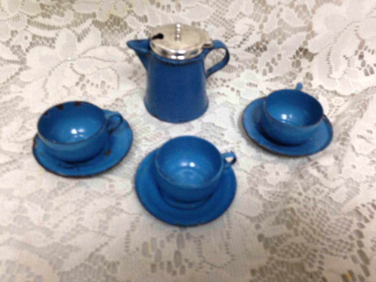 Antique, 8-pc, Good Quality Blue Enamelware Child’s Tea Set with Silver Lid