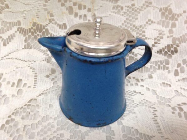 Antique, 8-pc, Good Quality Blue Enamelware Child's Tea Set with Silver Lid