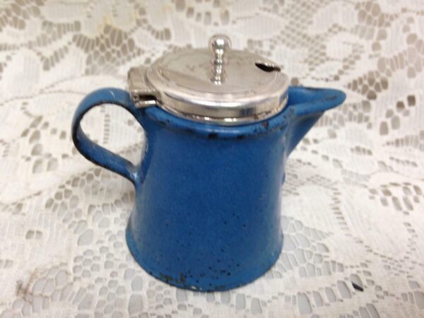 Antique, 8-pc, Good Quality Blue Enamelware Child's Tea Set with Silver Lid