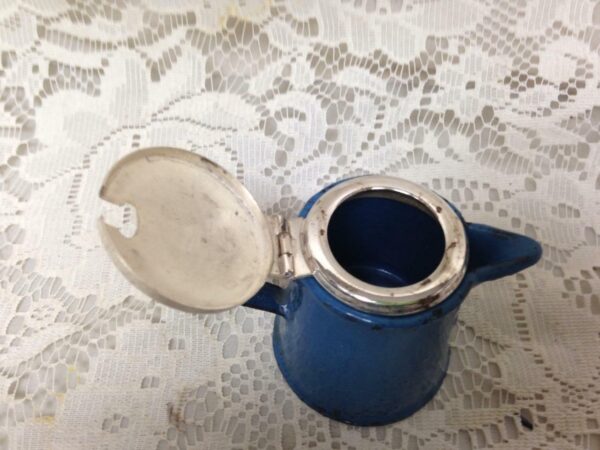 Antique, 8-pc, Good Quality Blue Enamelware Child's Tea Set with Silver Lid