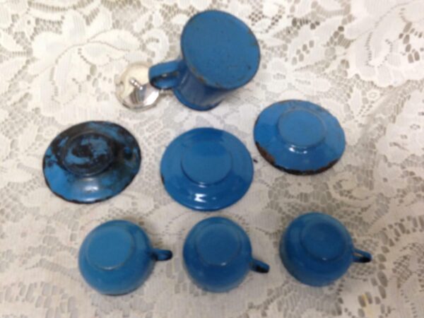 Antique, 8-pc, Good Quality Blue Enamelware Child's Tea Set with Silver Lid