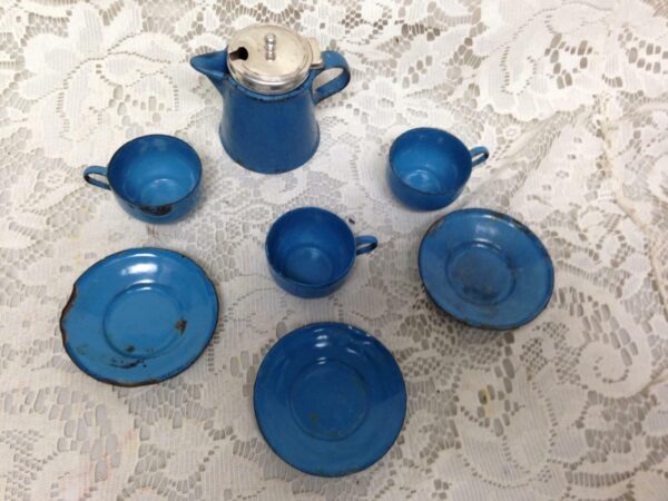Antique, 8-pc, Good Quality Blue Enamelware Child's Tea Set with Silver Lid