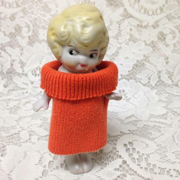 Antique, Made in Japan, 5.25in Bisque, Googly-eyed Doll in Orange Dress