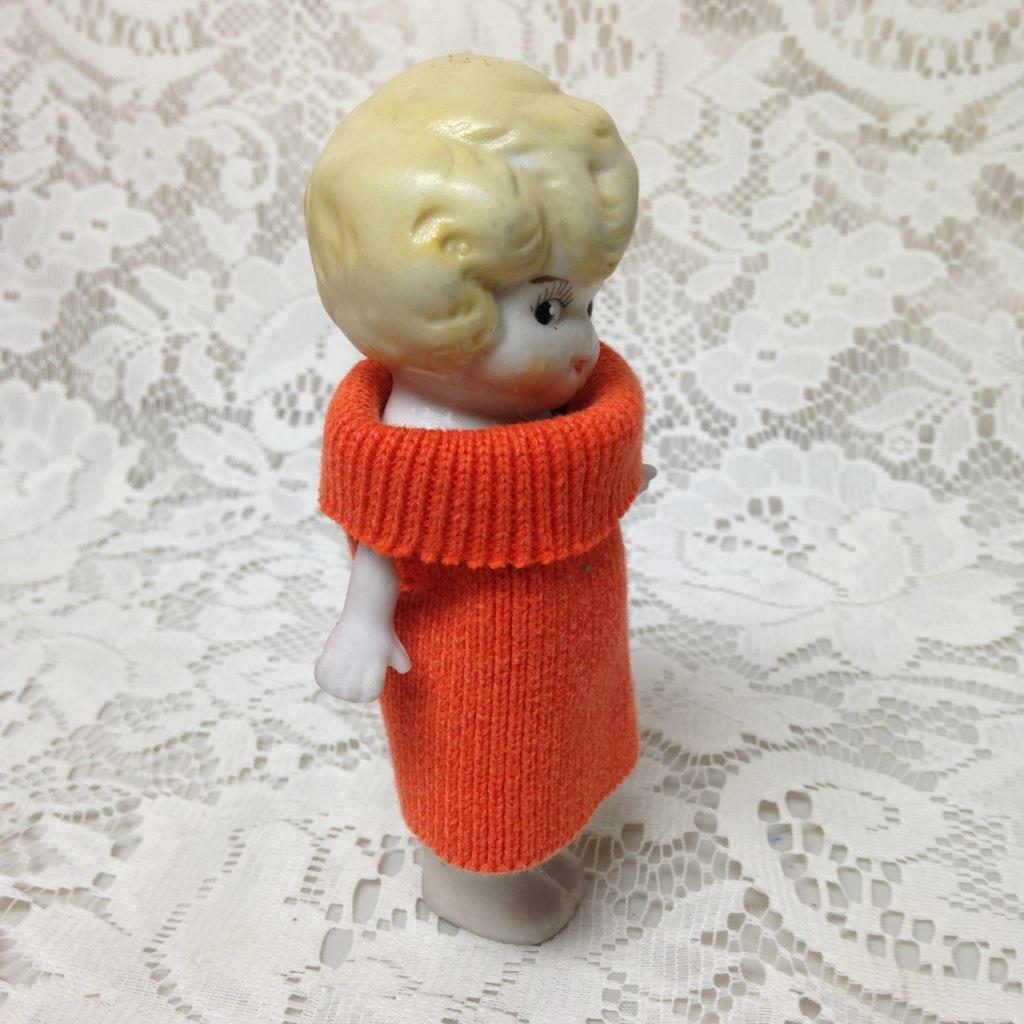 Antique, Made in Japan, 5.25in Bisque, Googly-eyed Doll in Orange Dress