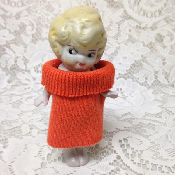 Antique, Made in Japan, 5.25in Bisque, Googly-eyed Doll in Orange Dress