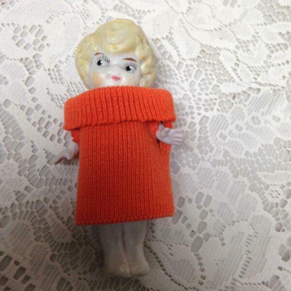 Antique, Made in Japan, 5.25in Bisque, Googly-eyed Doll in Orange Dress