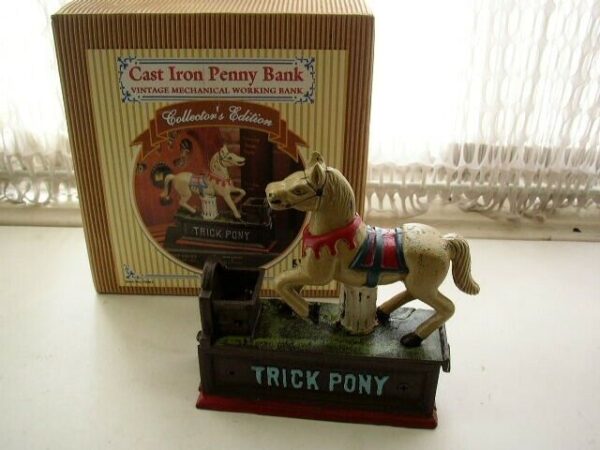 Vintage, Collector's Edition Cast Iron Trick Pony Mechanical Bank in Orig. Box