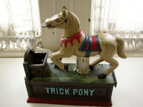 Vintage, Collector's Edition Cast Iron Trick Pony Mechanical Bank in Orig. Box