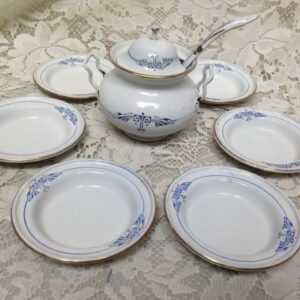 Antique, Germany, 9-pc White Enamelware with Trim, Child's Soup Tureen Set for 6